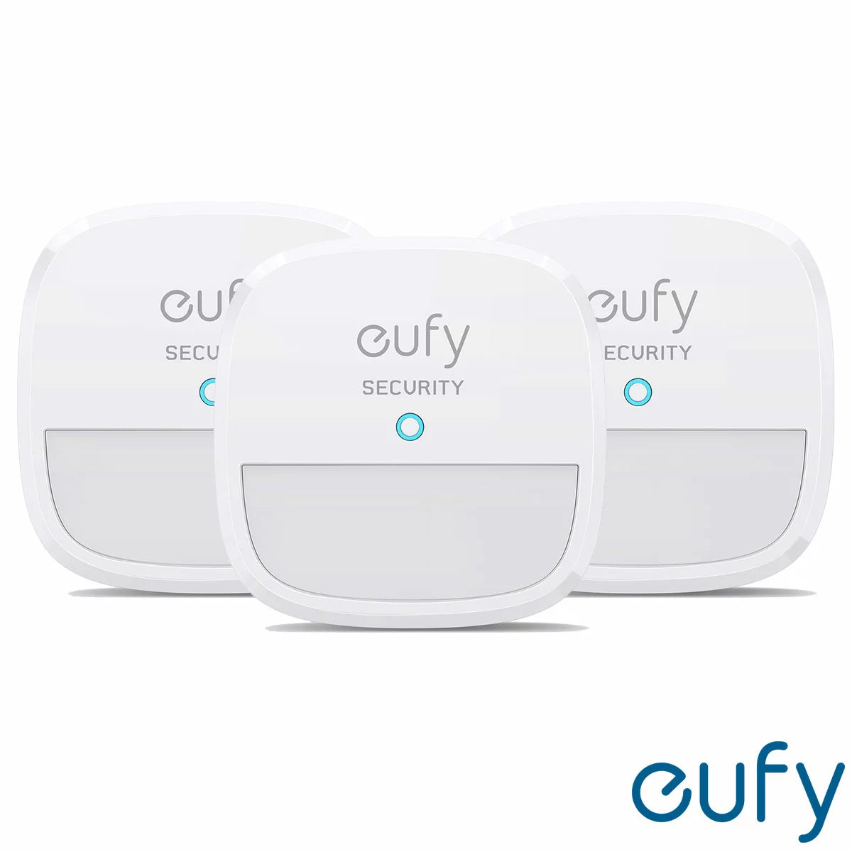 Three sleek white rectangular eufy motion sensors angled neatly on a clean white surface to show their compact, wireless design.