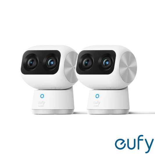 Pair of sleek black eufy S350 dual-lens 4K indoor security cameras with motorized pan-tilt bases displayed on a minimalist white shelf.