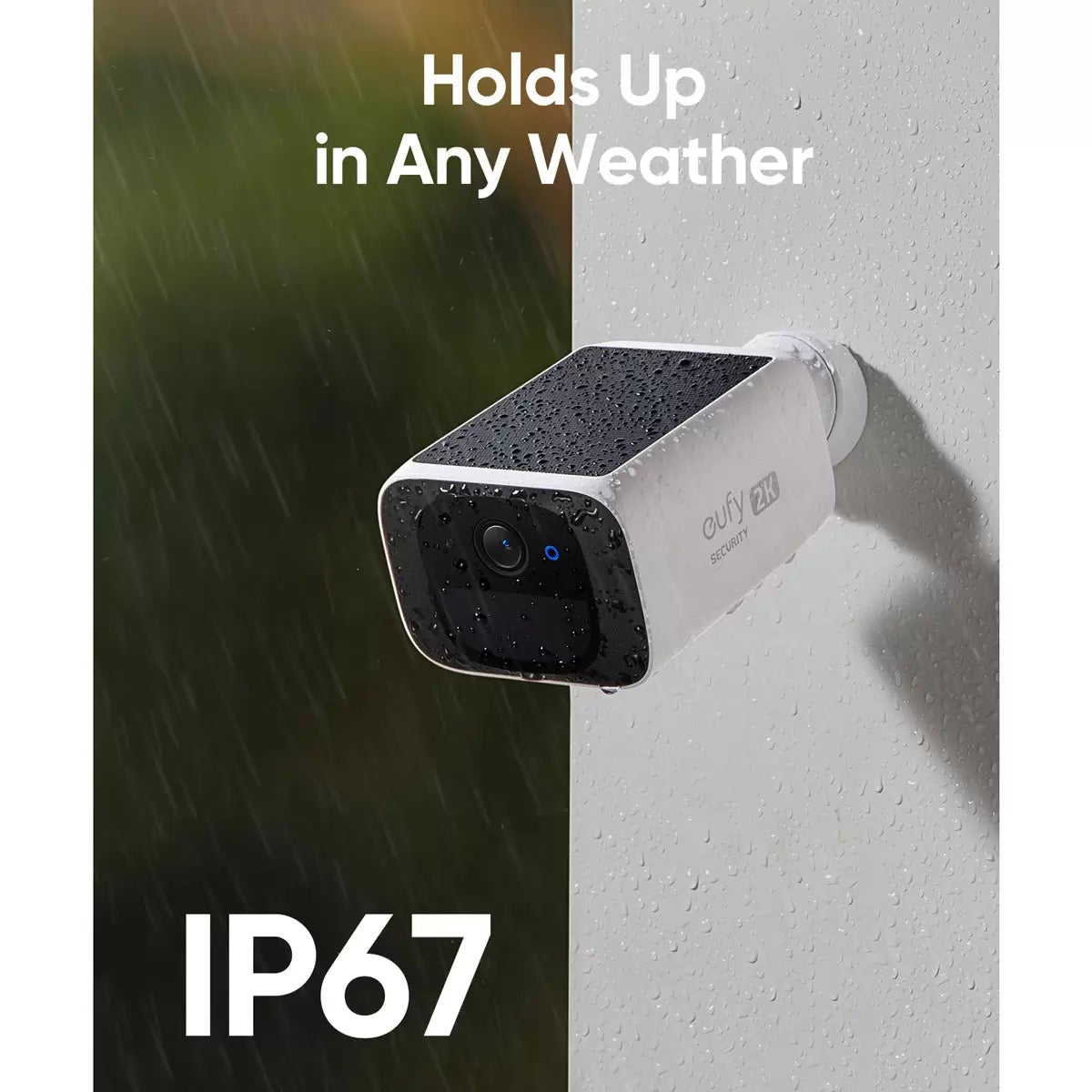 Pair of ultra-compact white eufy SoloCam S220 solar security cameras next to a black eufy HomeBase S380 hub on a light surface.