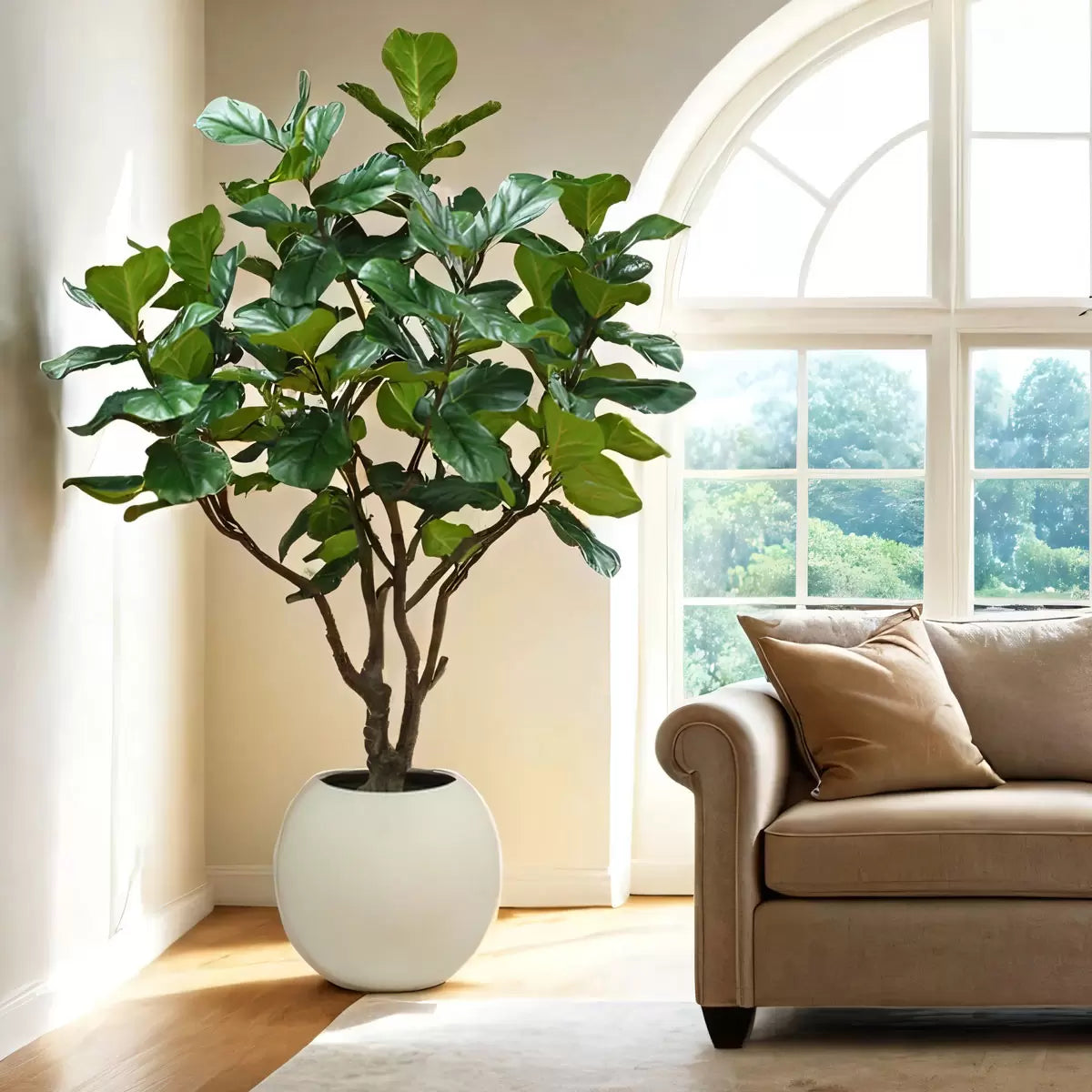 Artificial 8ft fig tree in planter with realistic green foliage for indoor home and office decoration.