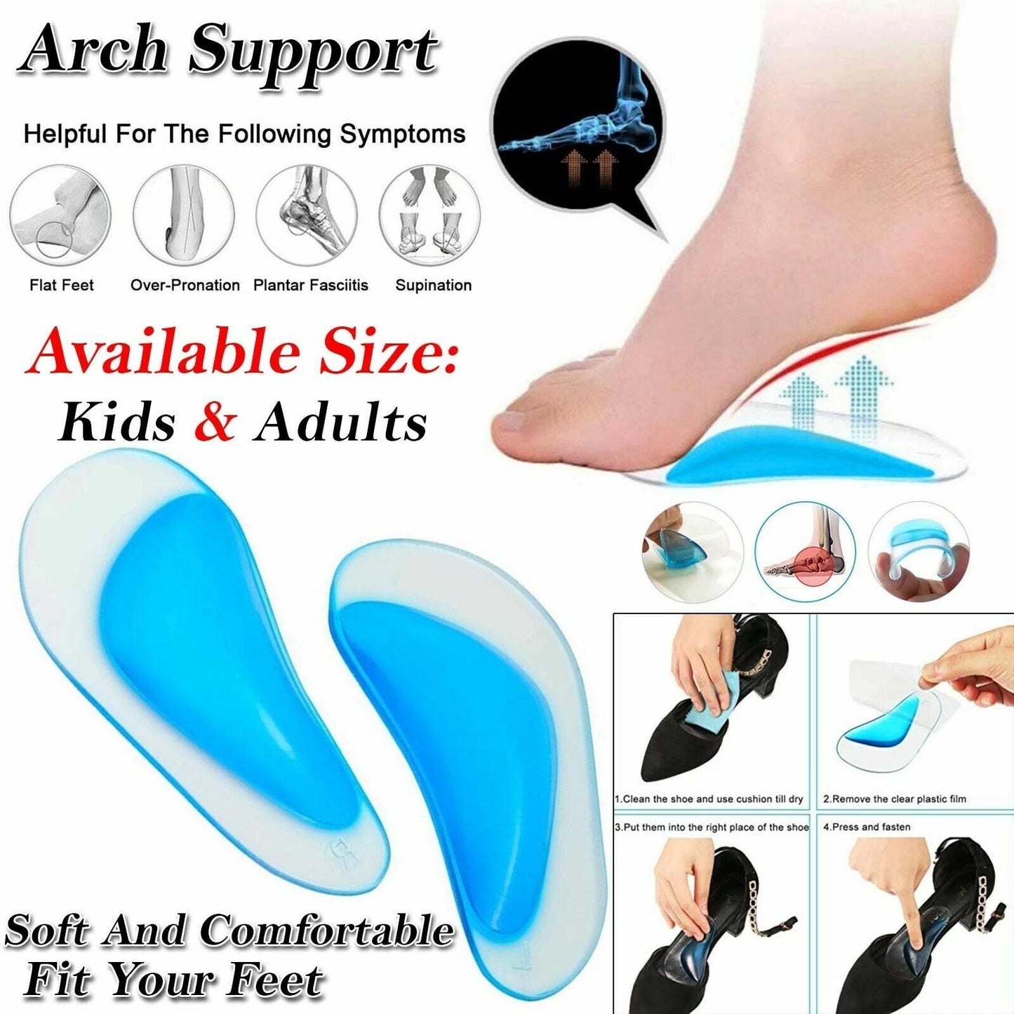 Orthopedic gel arch support insoles for flat feet and plantar fasciitis relief-3