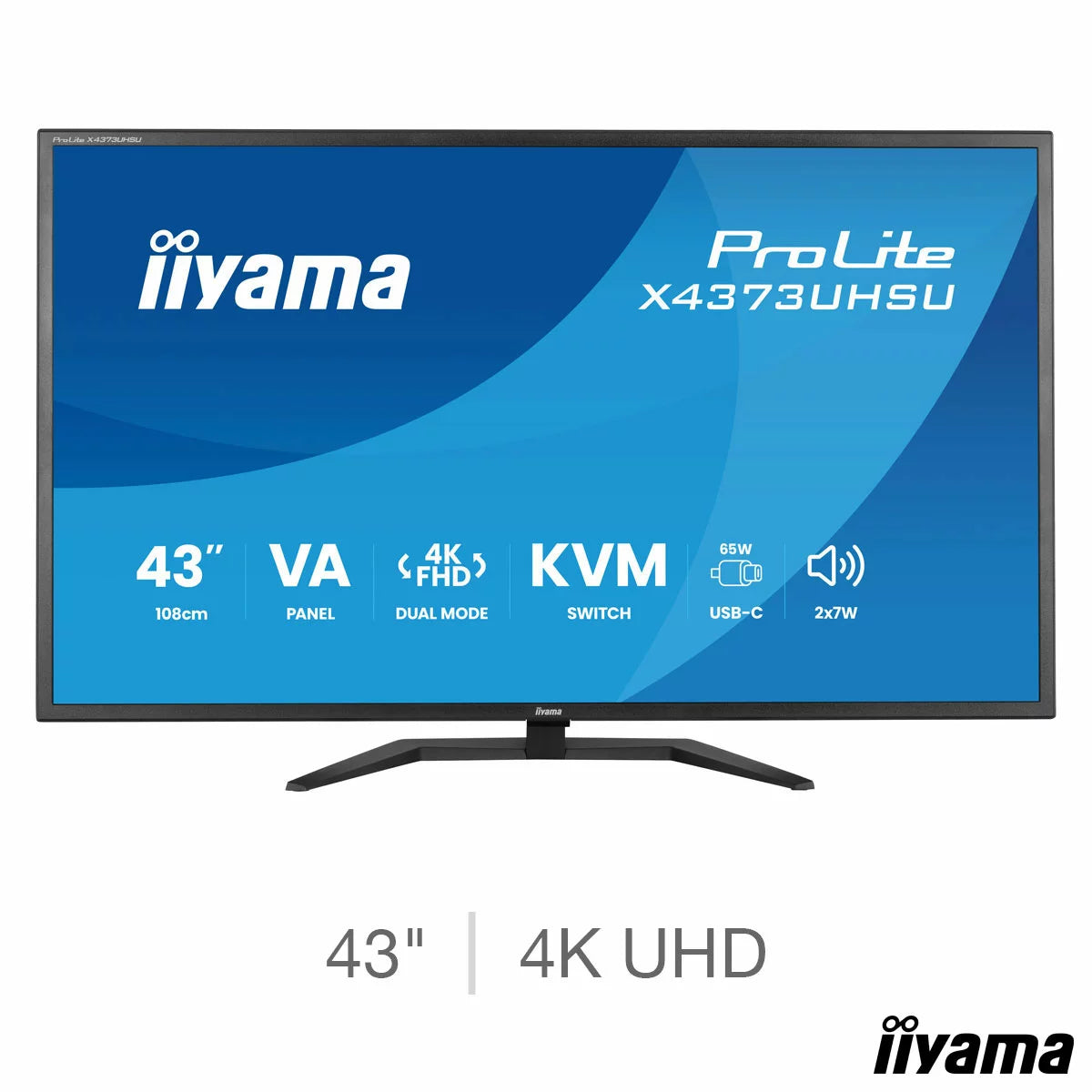 Front view of the large black matte iiyama 43 inch professional monitor displaying a clean financial dashboard with charts in a brightly lit modern office environment.