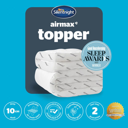 Silentnight Airmax 1000 Mattress Topper fitted on a modern bed with visible breathable mesh trim and elastic corner straps in a bright bedroom setting.