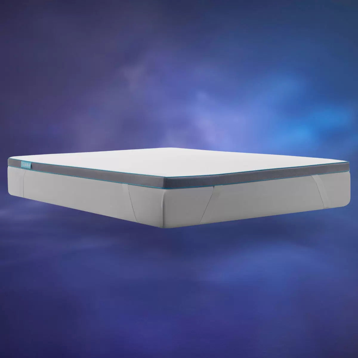 Close-up angled view of a white Simba Hybrid mattress topper featuring a breathable mesh cover and blue border detailing laid over a wooden bed frame in a light-filled bedroom.