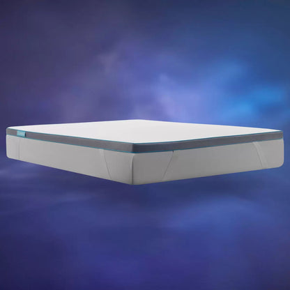Close-up angled view of a white Simba Hybrid mattress topper featuring a breathable mesh cover and blue border detailing laid over a wooden bed frame in a light-filled bedroom.