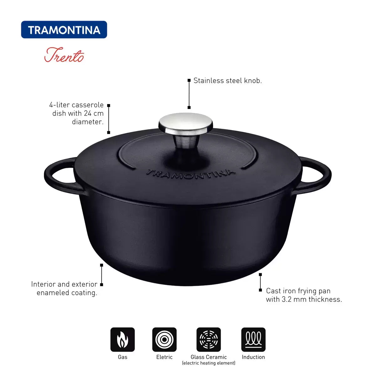 Tramontina Enamelled Cast Iron Casserole Dish 24cm 4.0L | Superior Heat Retention | Slow Cooking & Family Meals