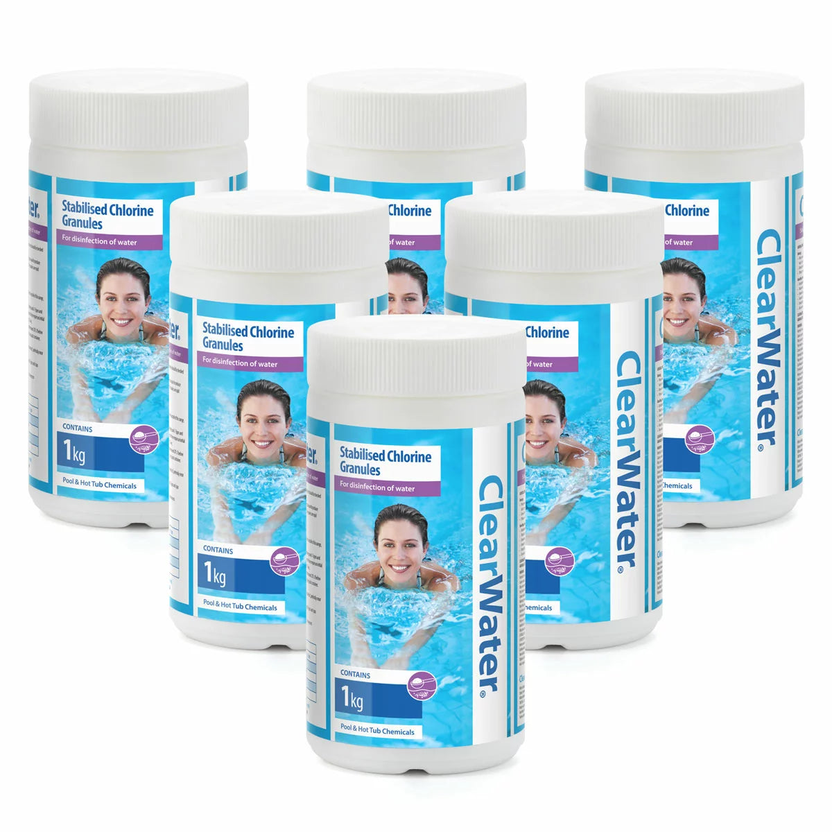 Six 1kg white tub containers of Clearwater stabilised chlorine granules grouped together on a grey stone patio beside a clear outdoor hot tub.