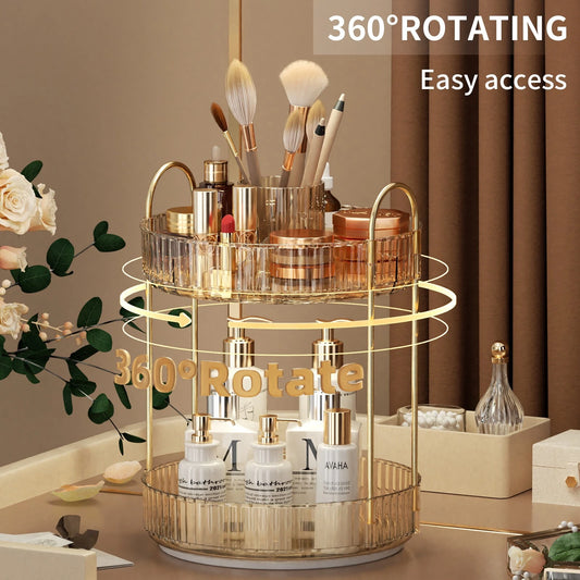 360 degree rotating makeup organiser with cosmetic storage compartments and perfume holder-1