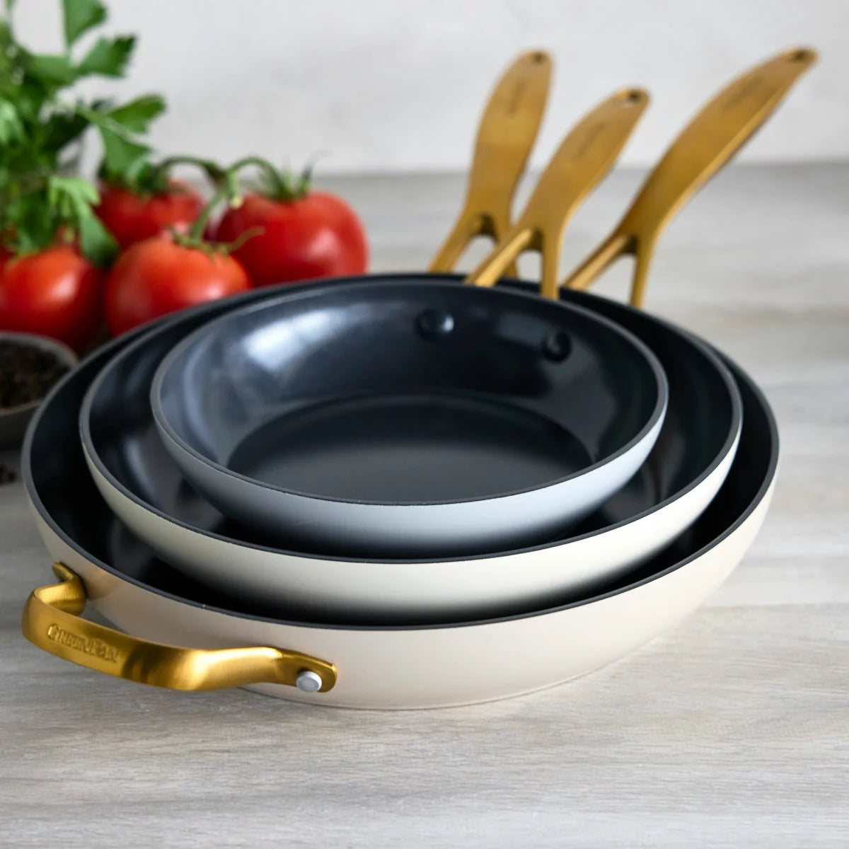 GreenPan Jewel Ceramic Frying Pan Set with PFAS-free ceramic non-stick coating in three stylish colours and multiple sizes for healthy everyday cooking