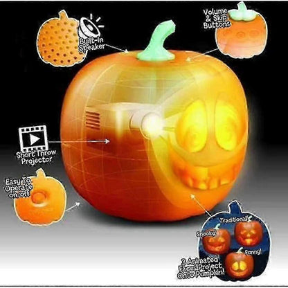 An animated 3-in-1 LED talking pumpkin projection lamp displaying vibrant seasonal graphics on a festive party table.