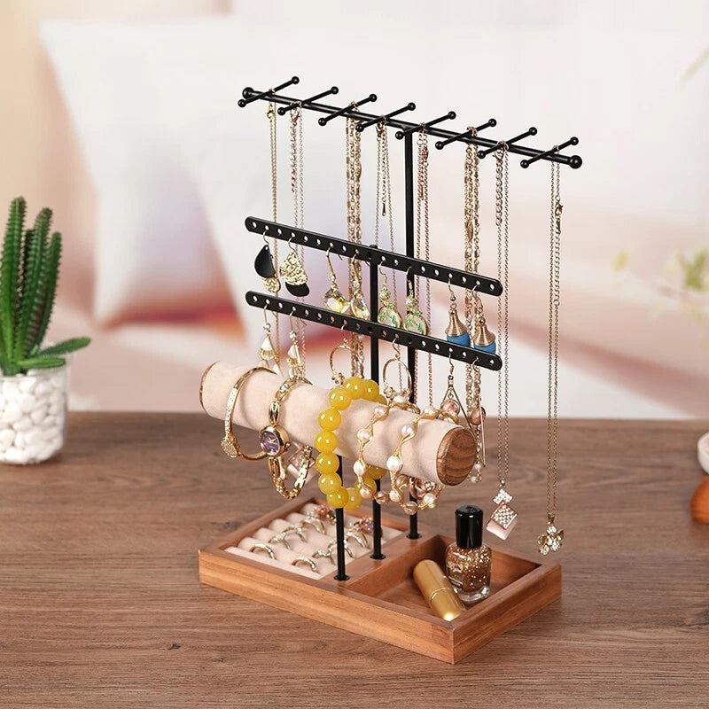 Multi-tier jewellery stand organizer holding necklaces, rings and earrings on a vanity table-1