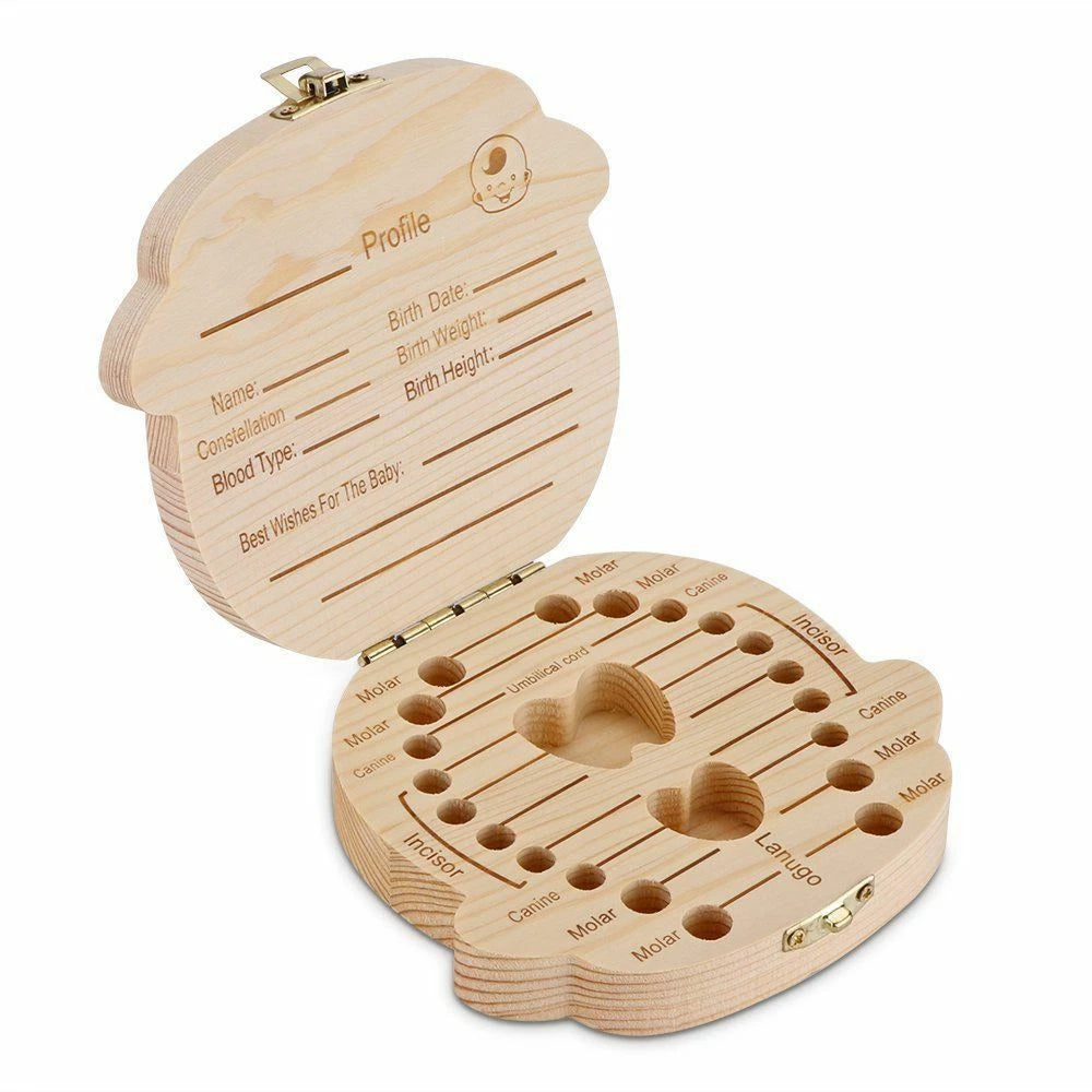 Wooden baby tooth storage keepsake box with labeled compartments for children’s milk teeth-2