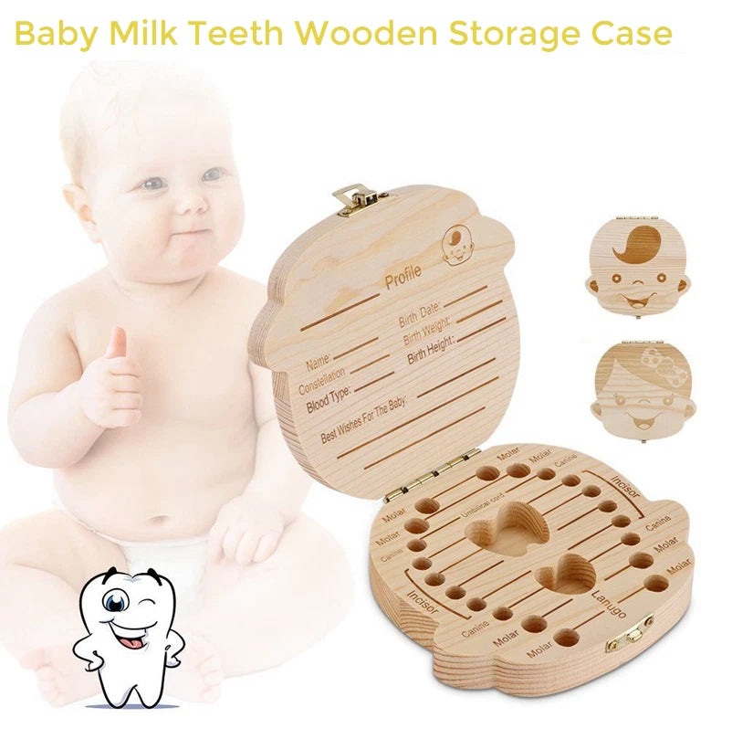 Wooden baby tooth storage keepsake box with labeled compartments for children’s milk teeth-1