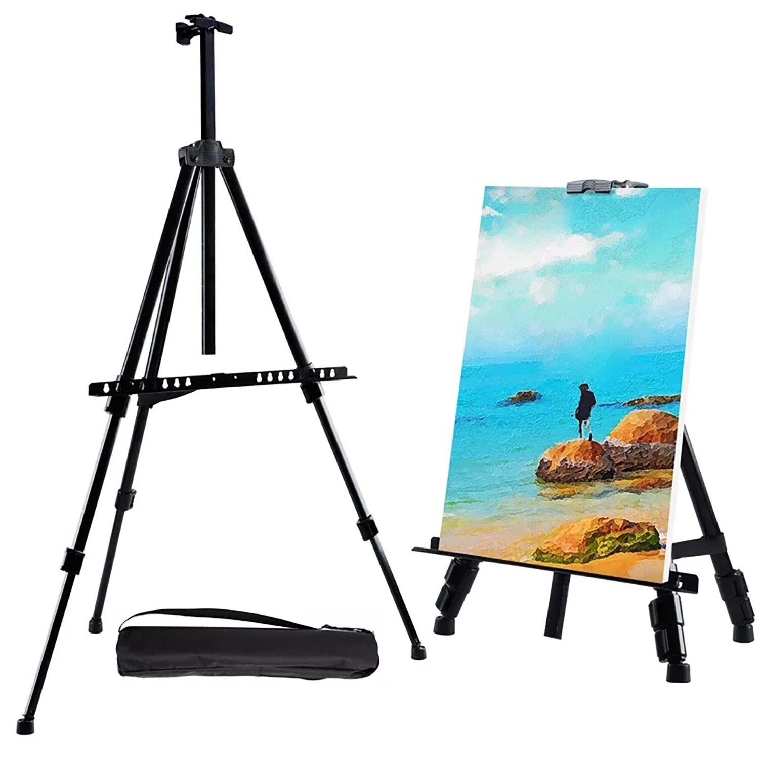 Adjustable tripod artist easel stand holding canvas for painting, sketching, and art display use