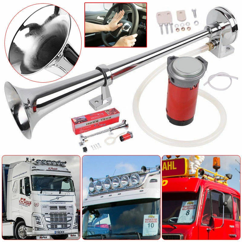 150dB chrome single trumpet air horn kit for 12V trucks, lorries, boats and heavy vehicles safety warning system-3
