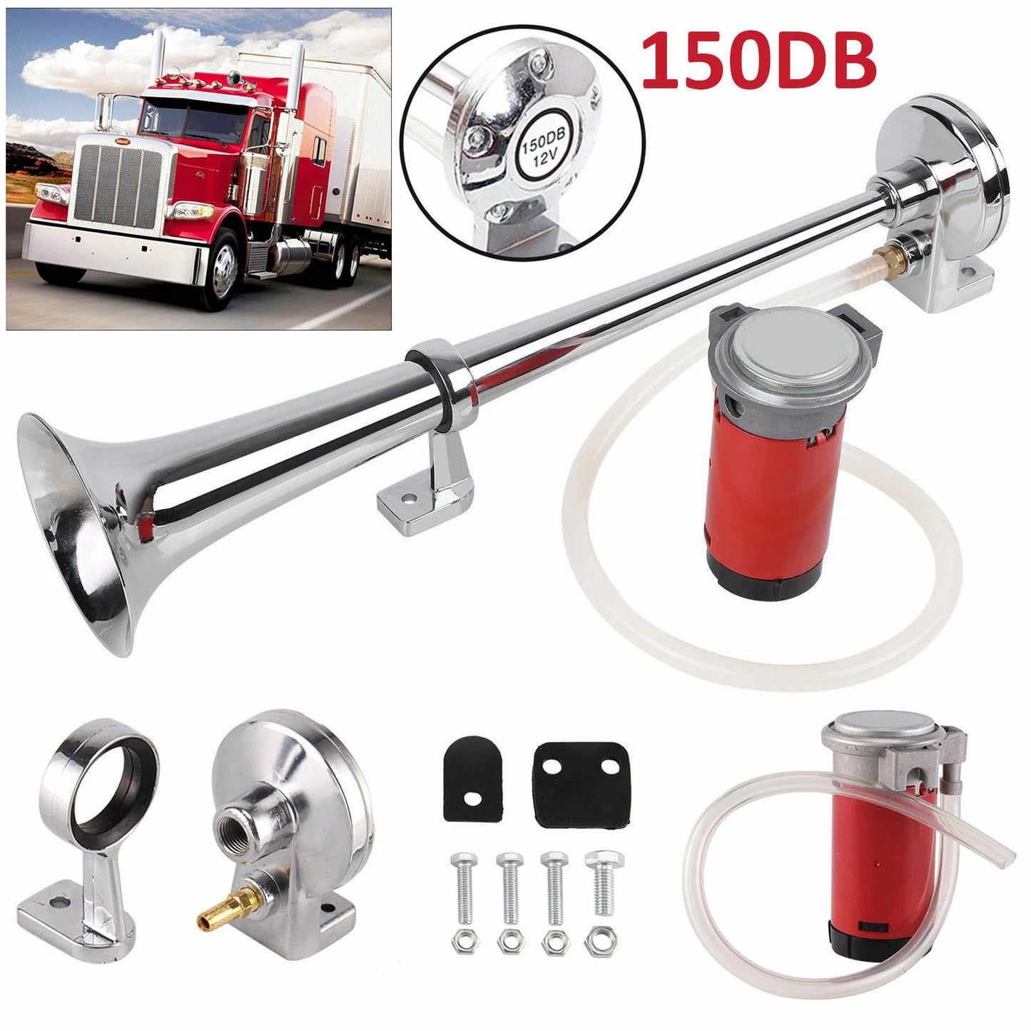 150dB chrome single trumpet air horn kit for 12V trucks, lorries, boats and heavy vehicles safety warning system-1