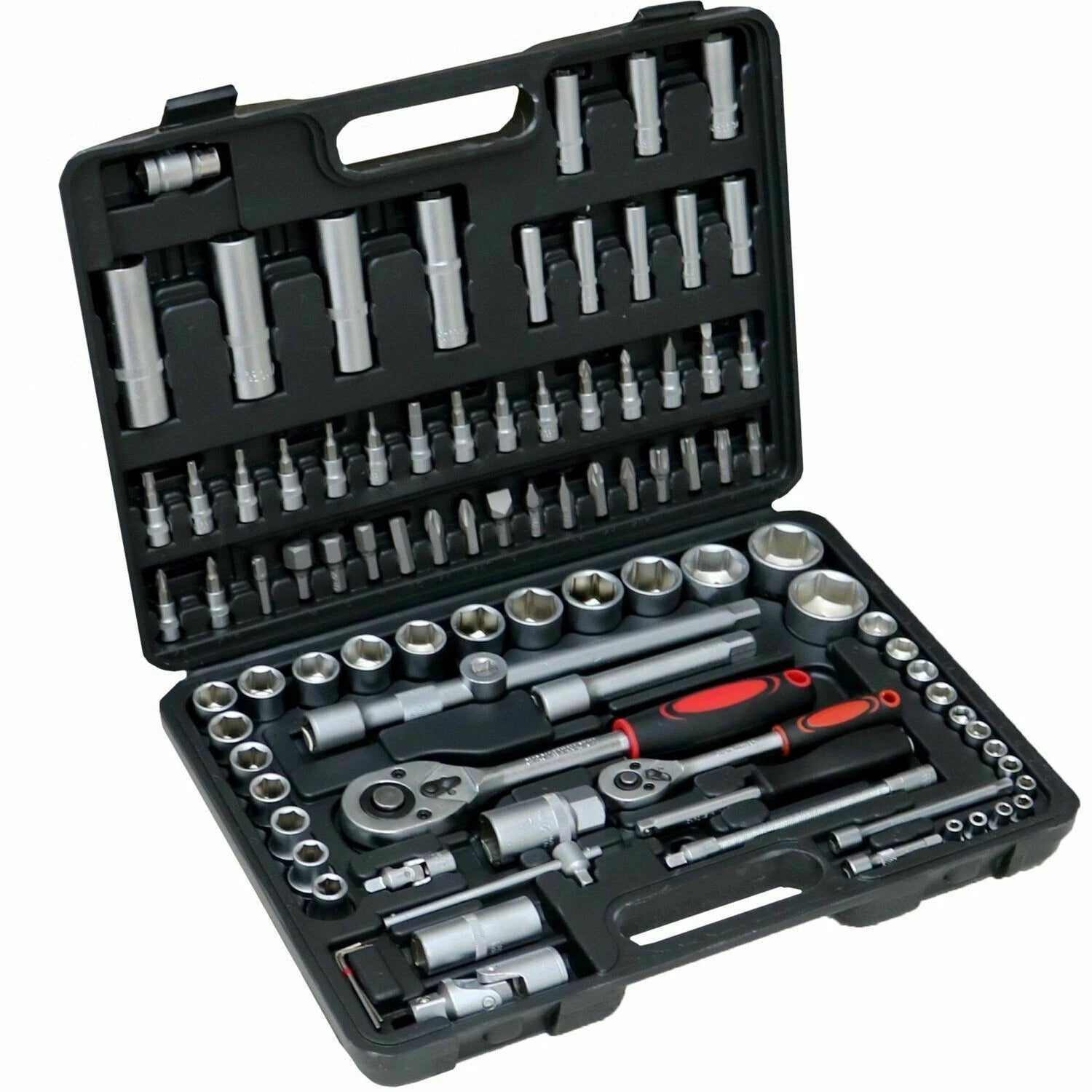 94 piece socket ratchet screwdriver bit set with case for garage repair, car maintenance and DIY tool use