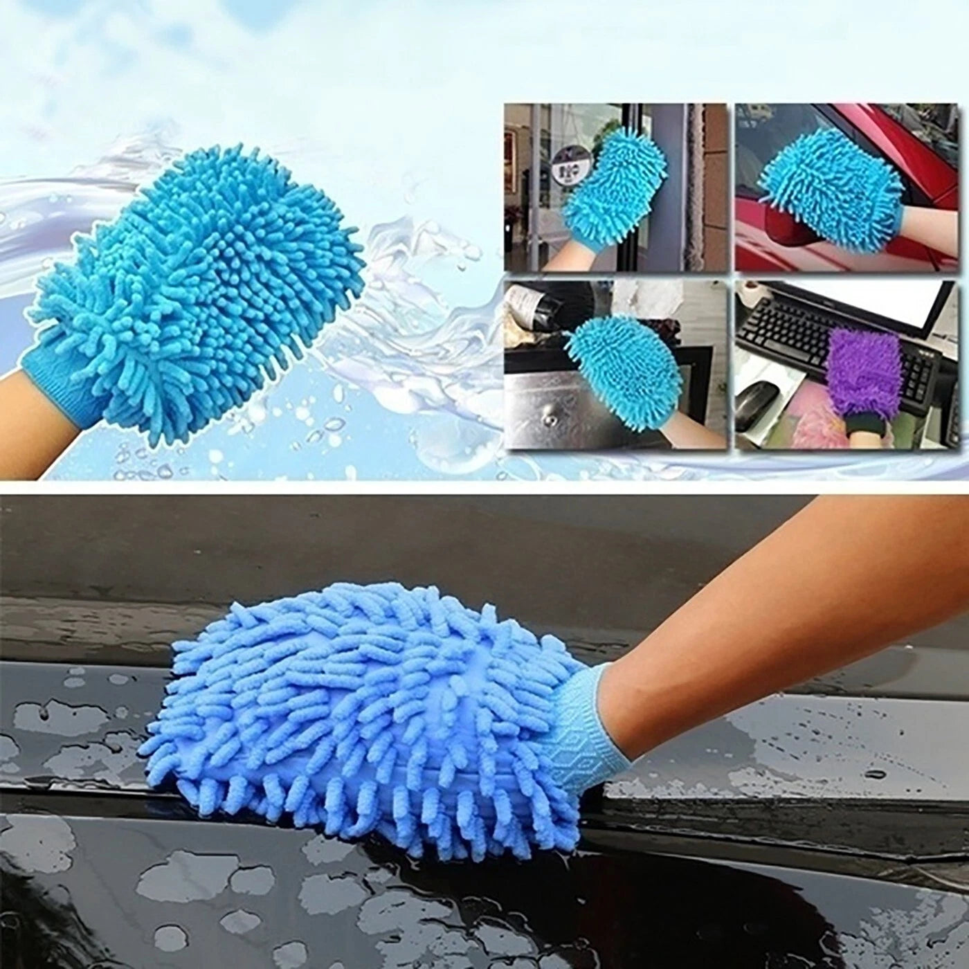 Blue microfiber cleaning glove for car window washing, home dusting and scratch-free surface polishing-3