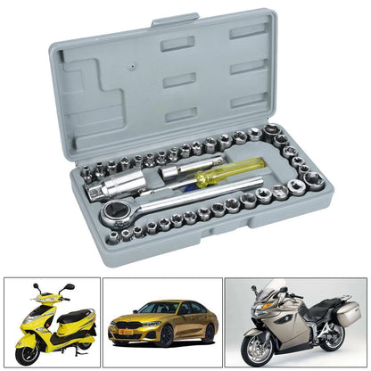 40 piece drive socket set with ratchet, spark plug sockets and extension bars for automotive and garage repair use-1