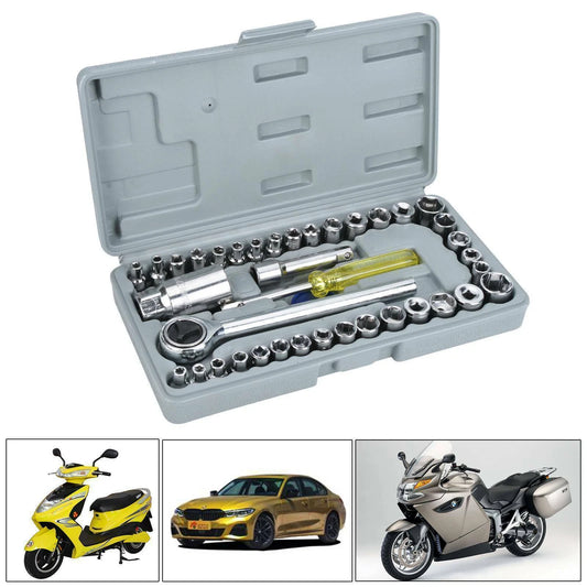 40 piece drive socket set with ratchet, spark plug sockets and extension bars for automotive and garage repair use-1