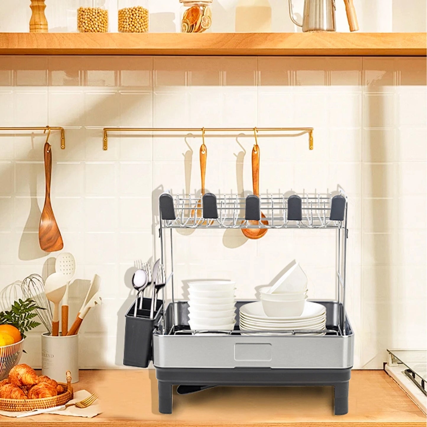 2-tier dish drying rack with draining board for plates bowls cups and kitchen utensil organization and drying