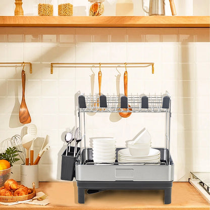 2-tier dish drying rack with draining board for plates bowls cups and kitchen utensil organization and drying