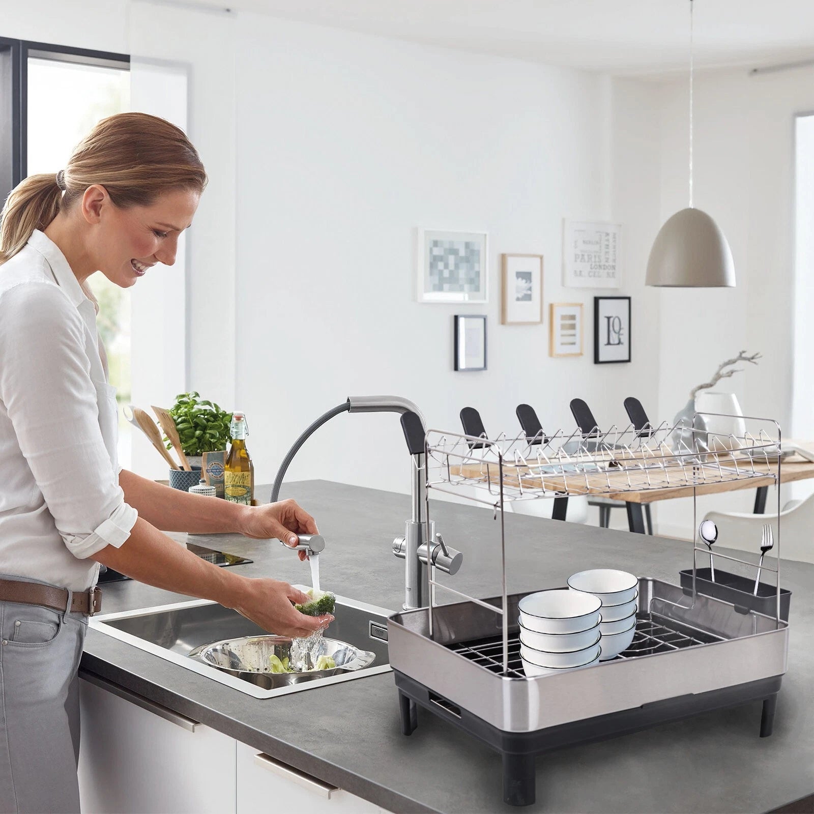 2-tier dish drying rack with draining board for plates bowls cups and kitchen utensil organization and drying-3