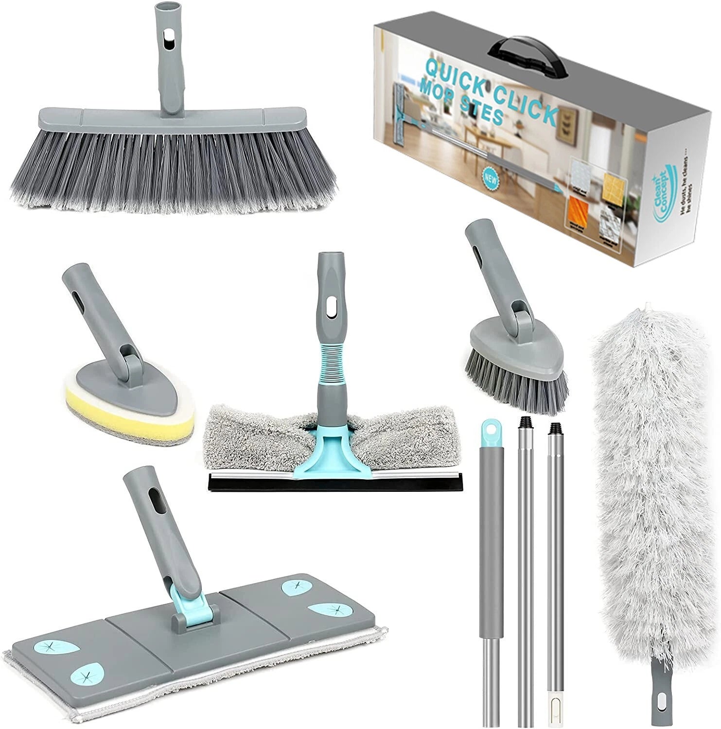 7 in 1 microfiber floor mop with broom duster squeegee and scrubber for multi-surface home cleaning