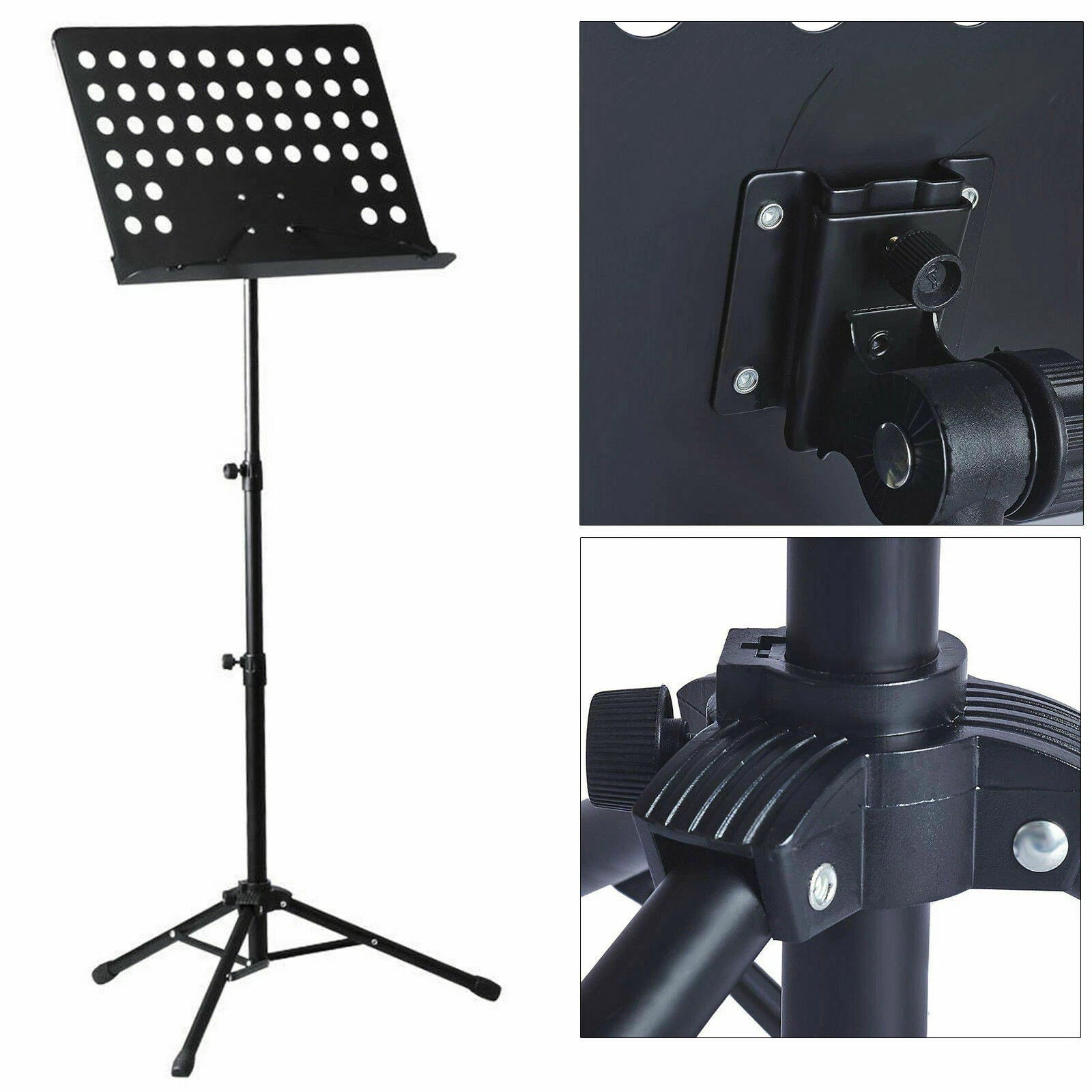 Heavy duty adjustable folding music stand with tripod base for holding sheet music for musicians and orchestral use