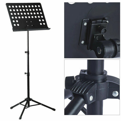Heavy duty adjustable folding music stand with tripod base for holding sheet music for musicians and orchestral use