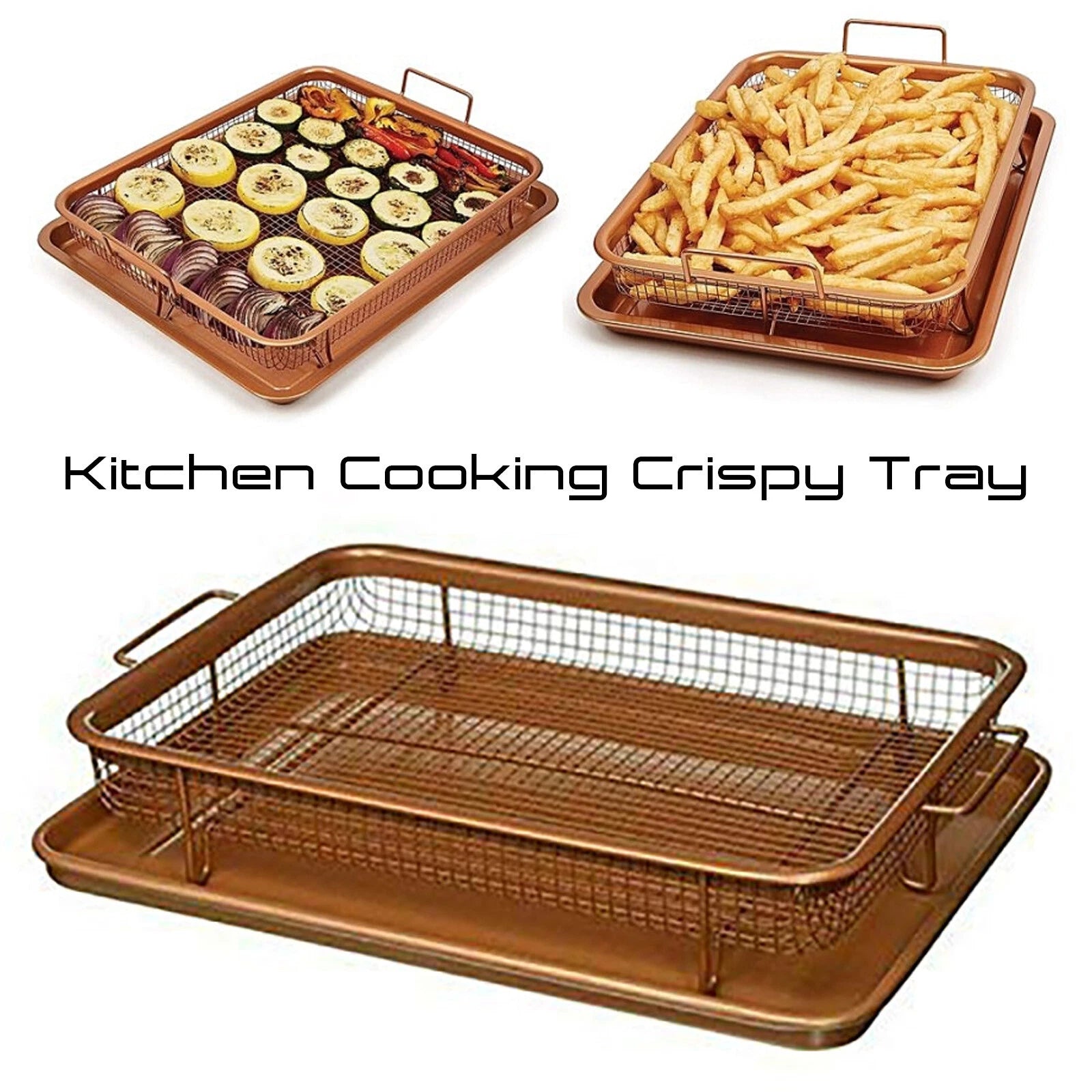 Copper non-stick crisper tray mesh oven baking basket for crispy chips fries and healthy low oil cooking