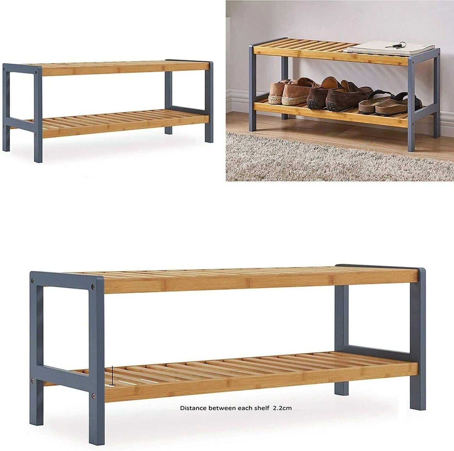 2 tier natural bamboo wooden shoe rack storage organiser shelf unit for hallway and bedroom footwear storage-1