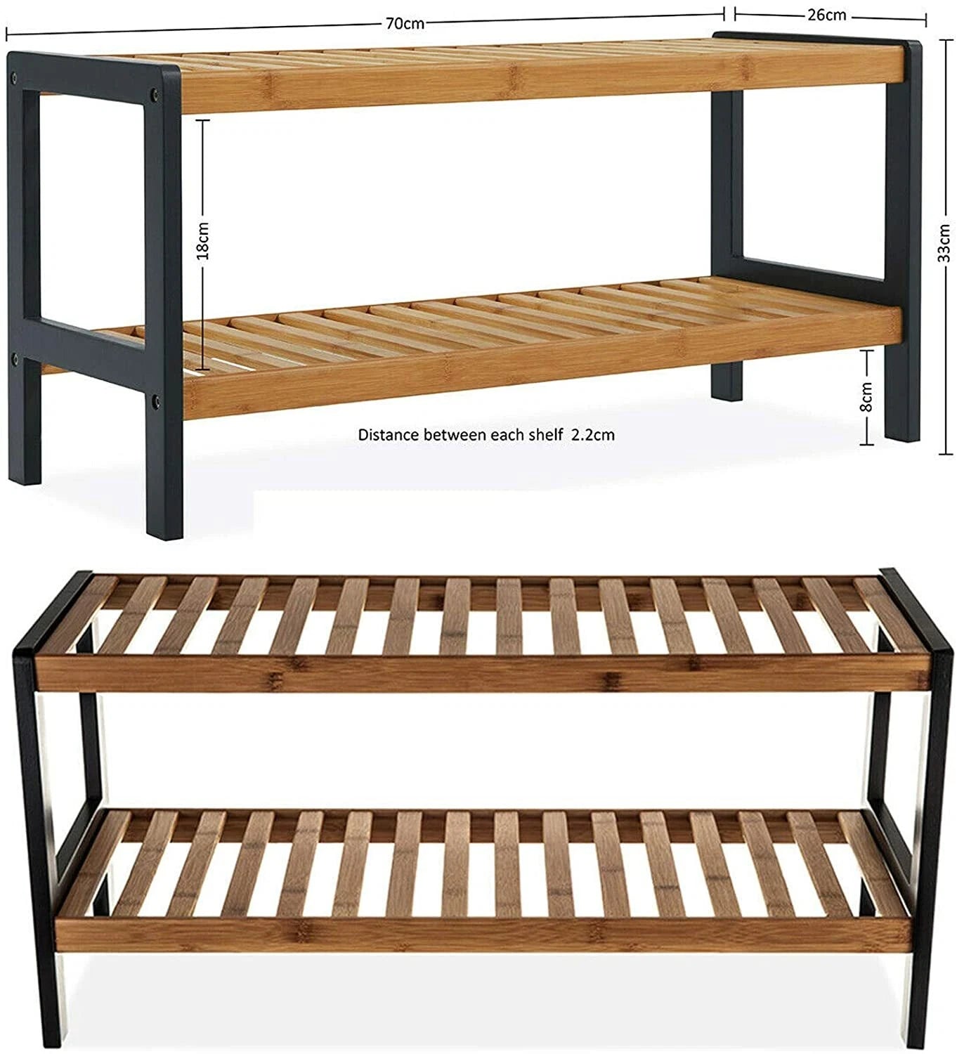 2 tier natural bamboo wooden shoe rack storage organiser shelf unit for hallway and bedroom footwear storage-3