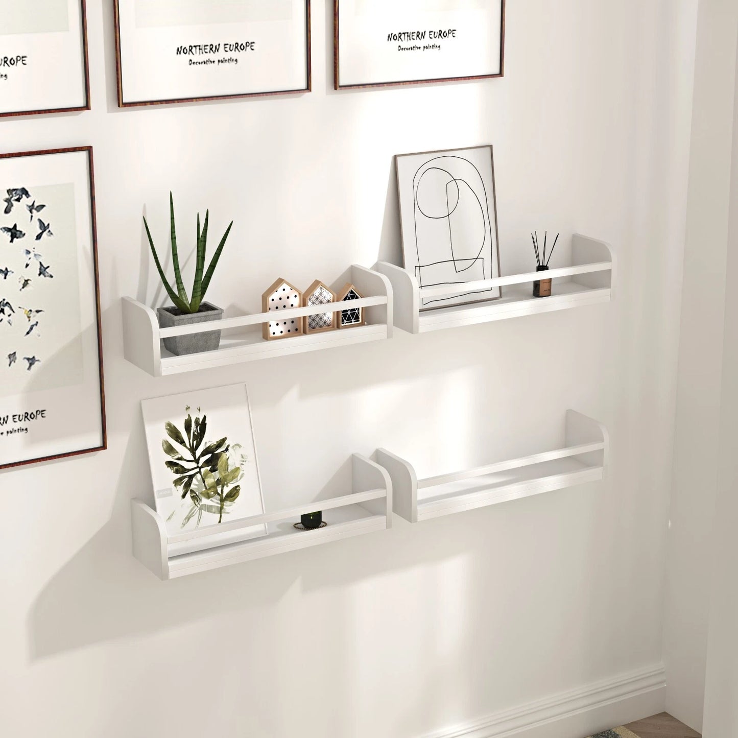 Set of 4 wooden floating wall shelves for books décor storage and kids room home organization