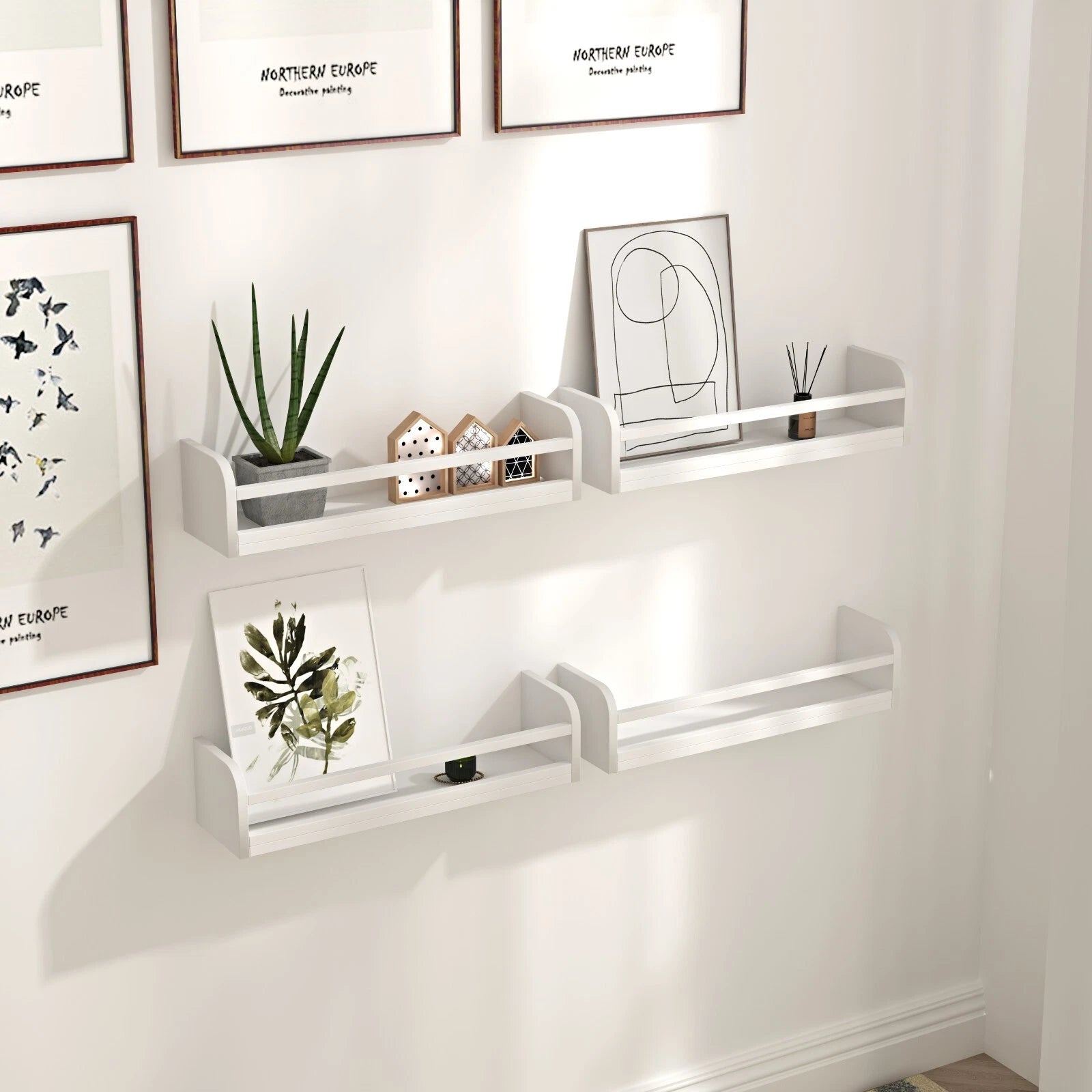 Set of 4 wooden floating wall shelves for books décor storage and kids room home organization