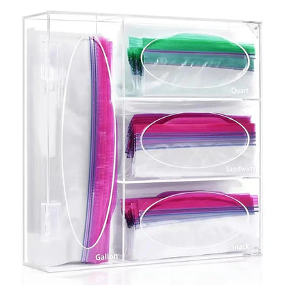 Food Zip Freezer Bag Storage Organizer Ziplock Acrylic Kitchen Dispenser Holder | Clear Kitchen Storage Box for Food Bag Organization