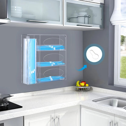 Food Zip Freezer Bag Storage Organizer Ziplock Acrylic Kitchen Dispenser Holder | Clear Kitchen Storage Box for Food Bag Organization