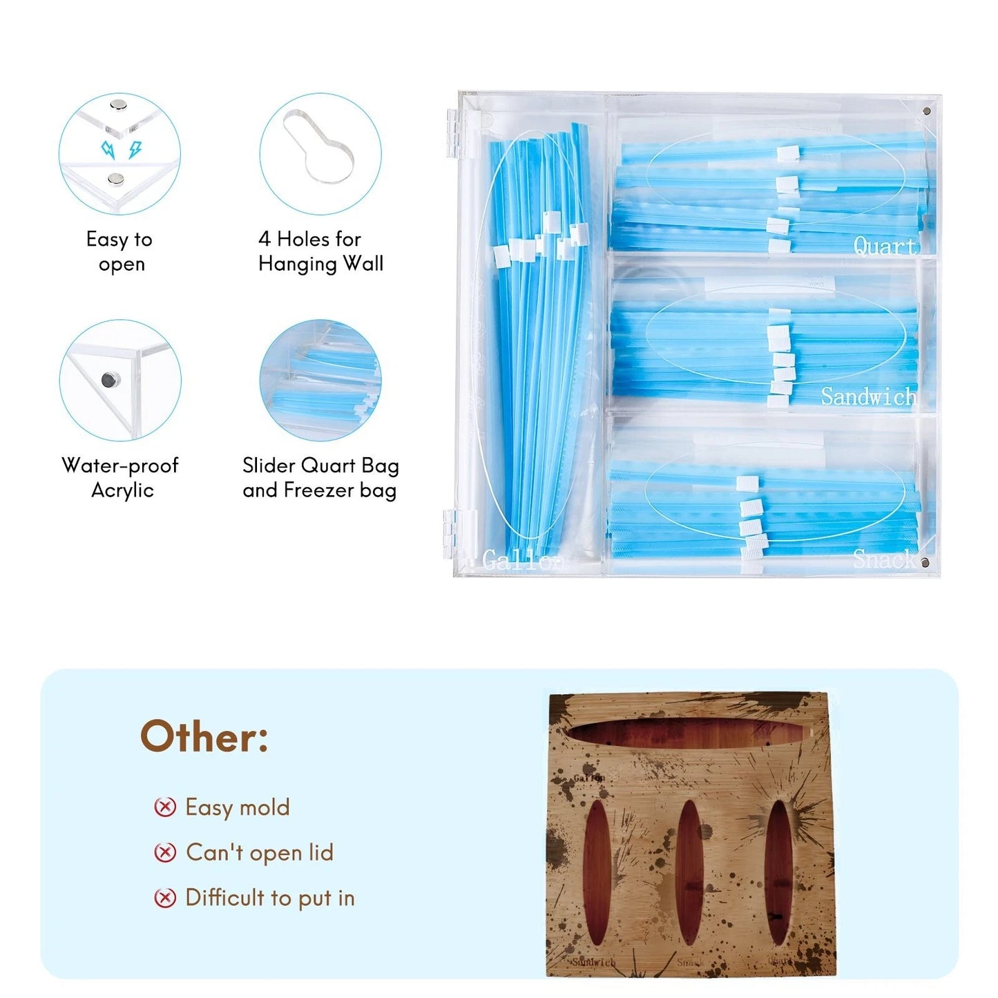 Food Zip Freezer Bag Storage Organizer Ziplock Acrylic Kitchen Dispenser Holder | Clear Kitchen Storage Box for Food Bag Organization
