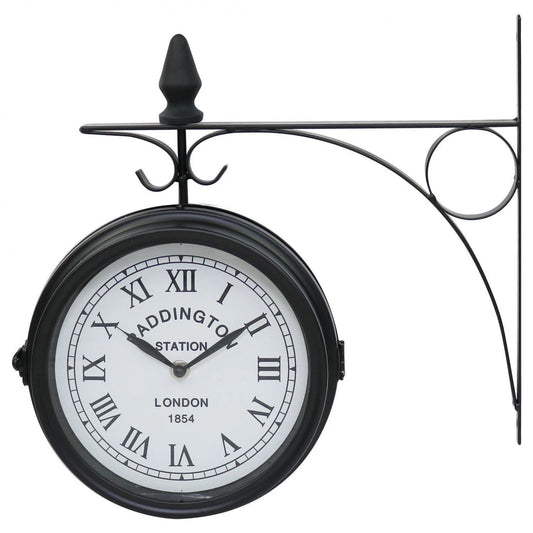Retro double-sided Paddington station style wall clock with hanging bracket for indoor and outdoor vintage décor
