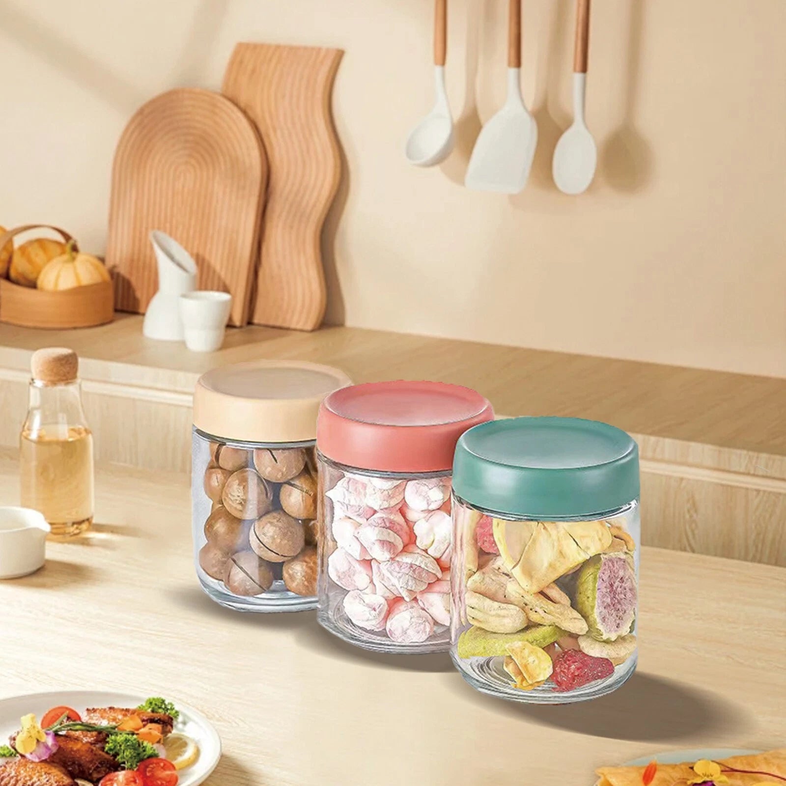 3 glass overnight oats mason jars with lids and spoons for meal prep breakfast yogurt and snack storage-1