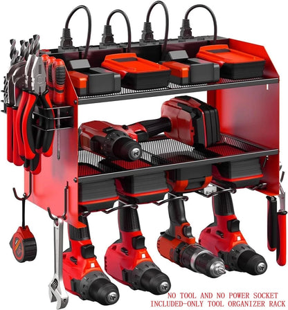Heavy duty wall mounted power tool organizer rack with drill holders for garage and workshop storage system