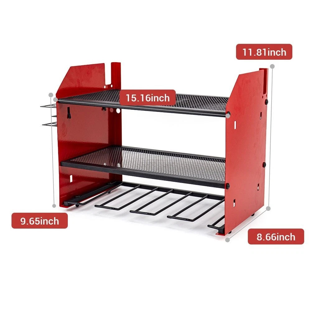 Heavy duty wall mounted power tool organizer rack with drill holders for garage and workshop storage system