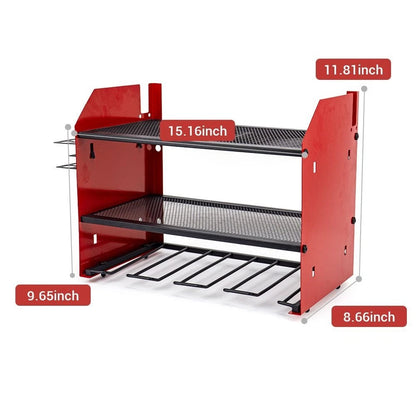 Heavy duty wall mounted power tool organizer rack with drill holders for garage and workshop storage system