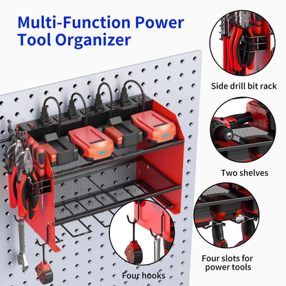 Heavy duty wall mounted power tool organizer rack with drill holders for garage and workshop storage system