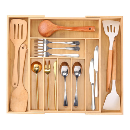 Extendable bamboo cutlery tray with 9 compartments kitchen drawer organiser for utensils and kitchen storage