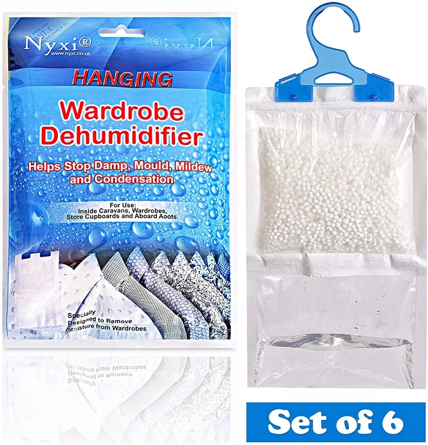 6 pack hanging wardrobe dehumidifier moisture absorber bags for removing damp mould and humidity in closets