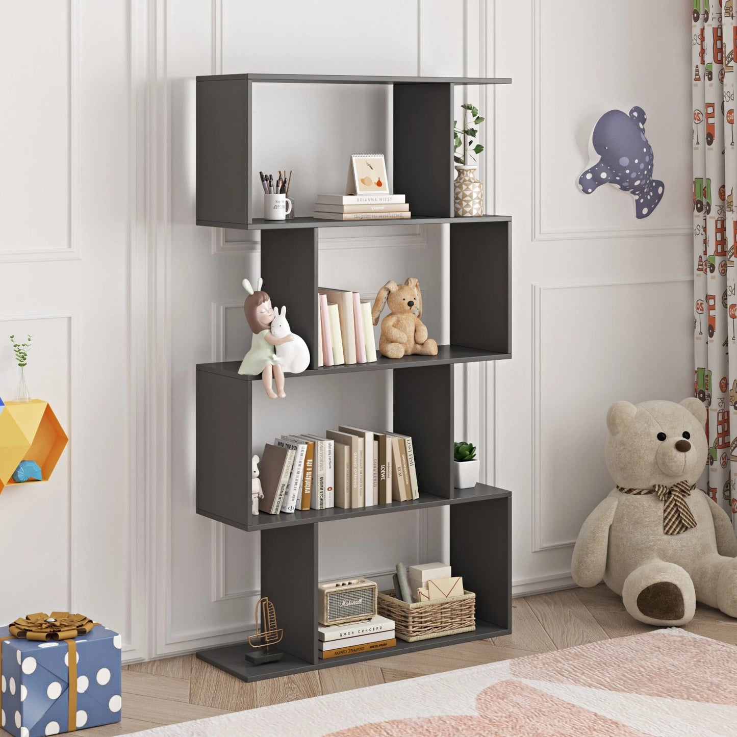 S-shaped 4 tier bookshelf storage display rack for books and home décor modern shelving unit