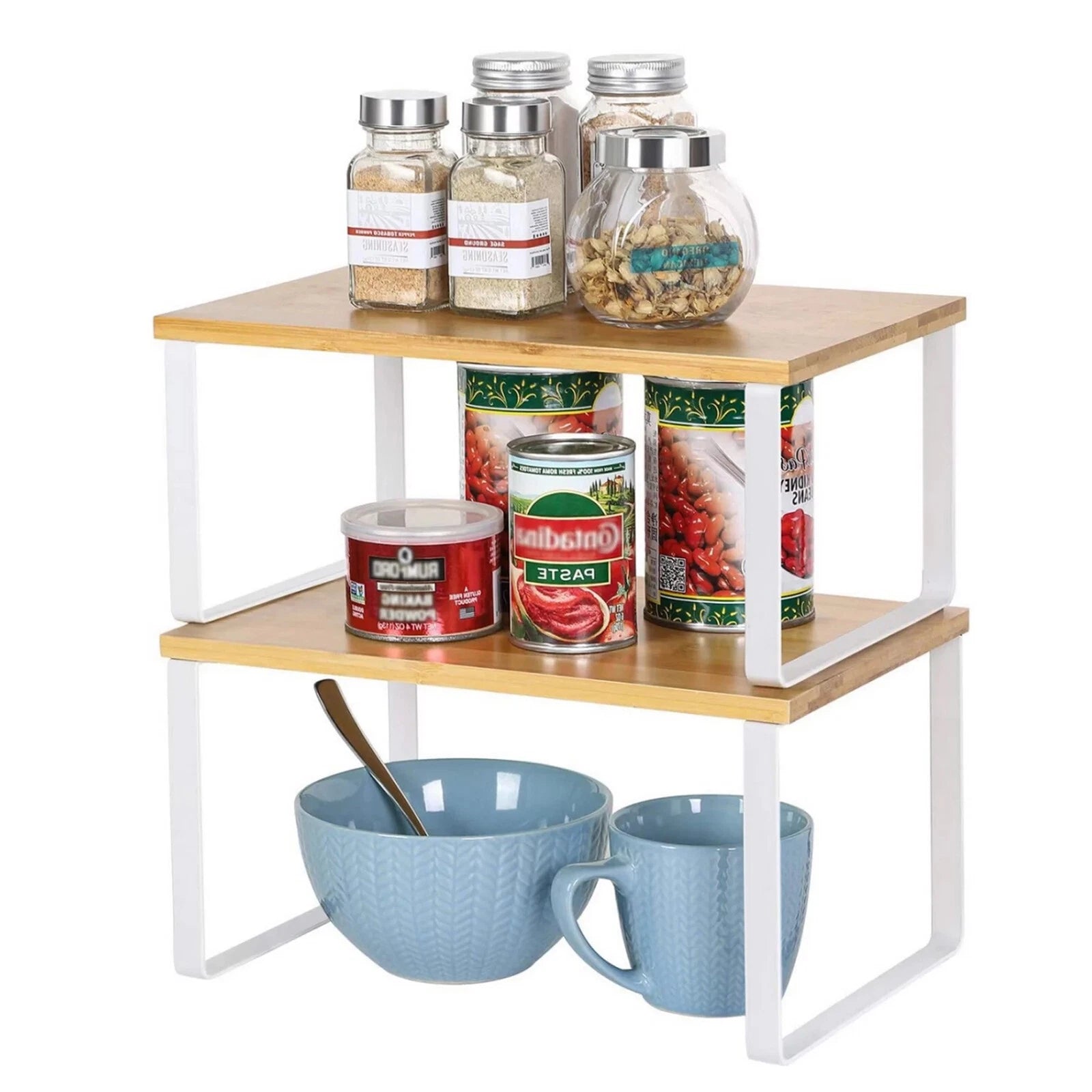 Stackable bamboo kitchen shelf organiser set for cupboard storage spices jars and countertop organization01