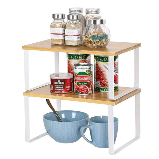 Stackable bamboo kitchen shelf organiser set for cupboard storage spices jars and countertop organization01