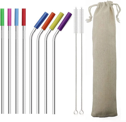 Metal Drinking Reusable Stainless Steel Party Straws Durable Easy Clean Set of 10 | Eco-Friendly Smoothie & Cocktail Straw Set